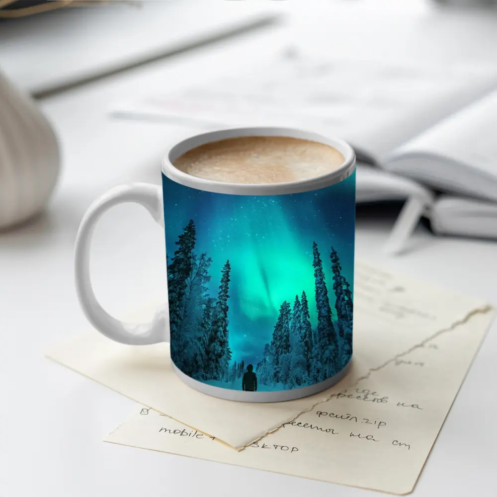 Person Standing Under Northern Lights Winter Forest – Mugs