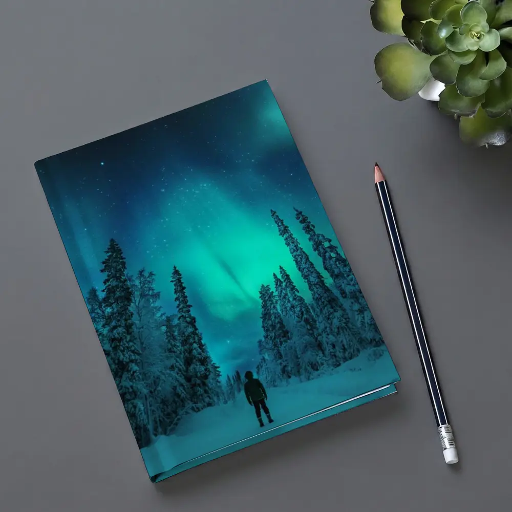 Person Standing Under Northern Lights Winter Forest – Notebooks