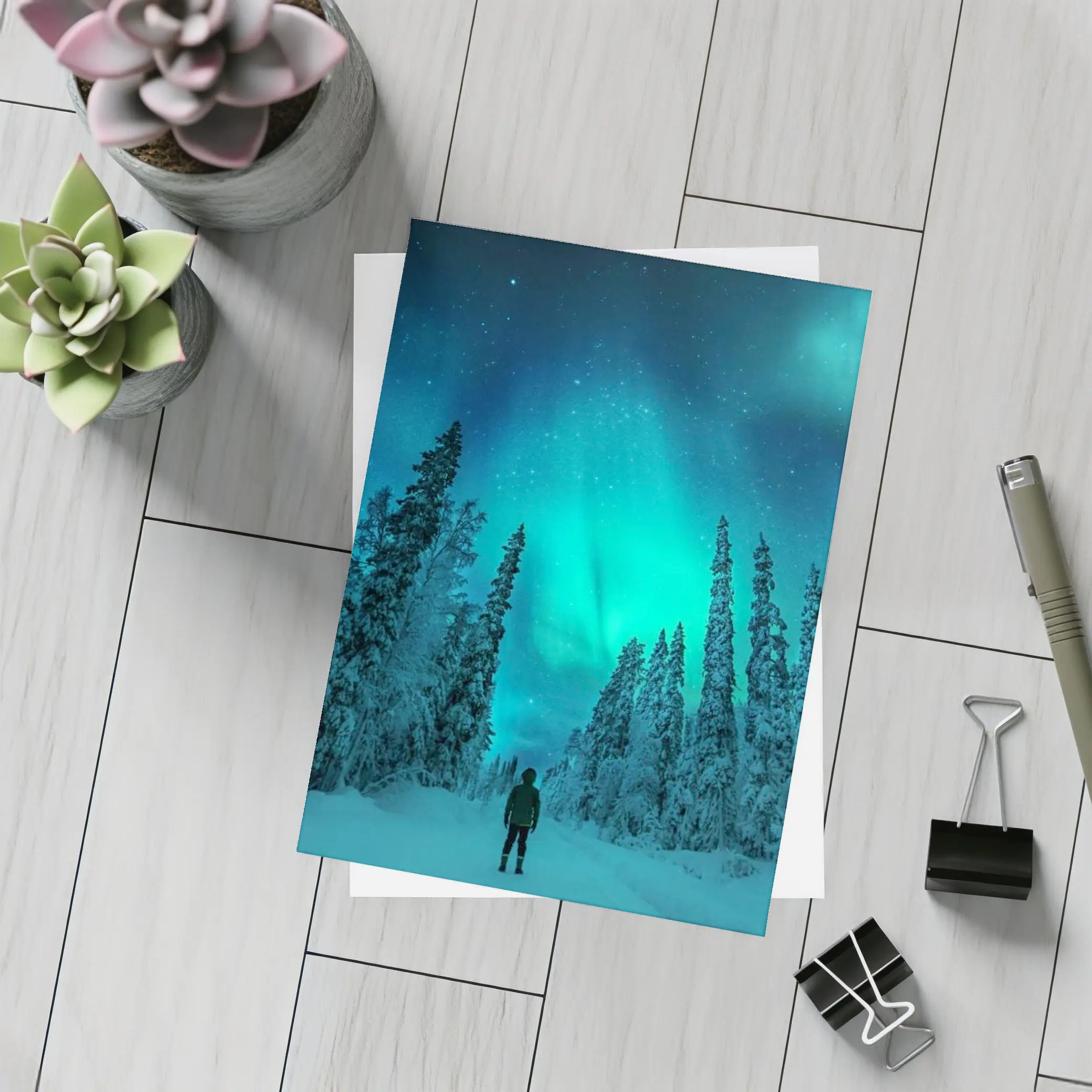 Person Standing Under Northern Lights Winter Forest – Postcards
