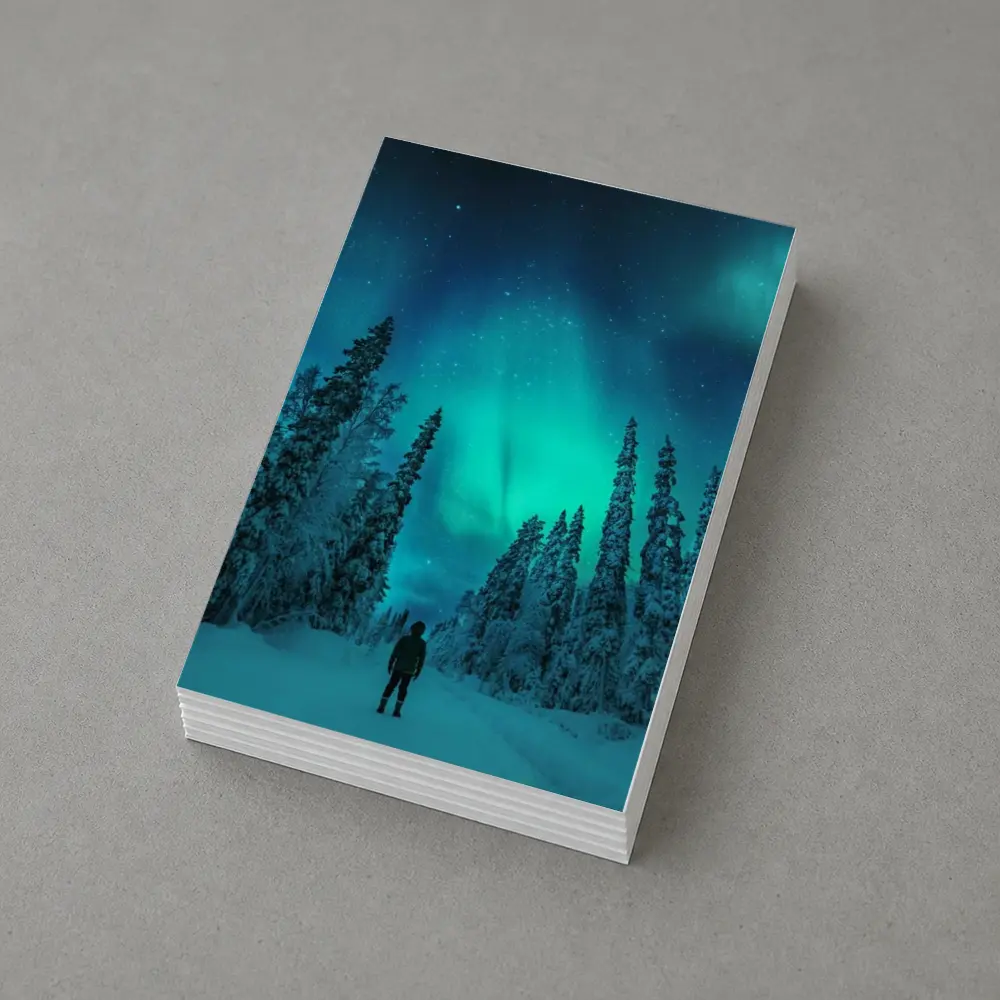 Person Standing Under Northern Lights Winter Forest – Postcards