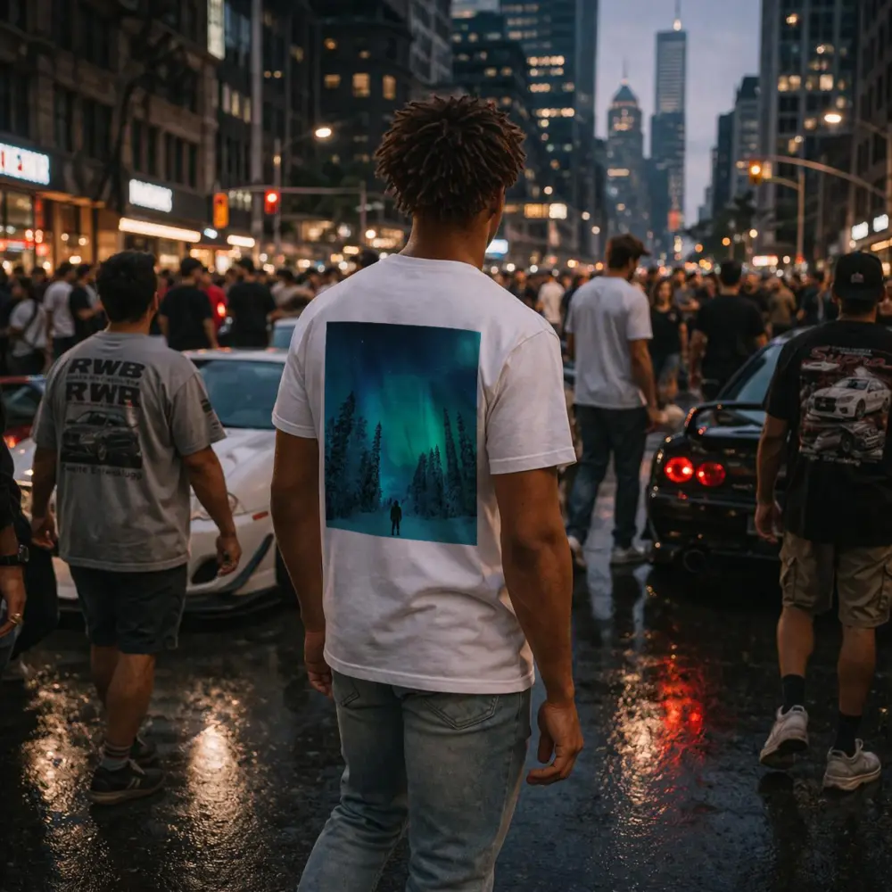 Person Standing Under Northern Lights Winter Forest – T-Shirts