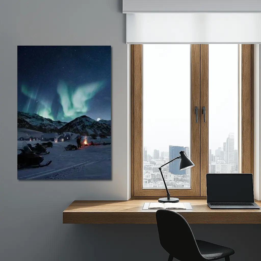 Northern Lights Over Snowy Mountain Village – Wall Art