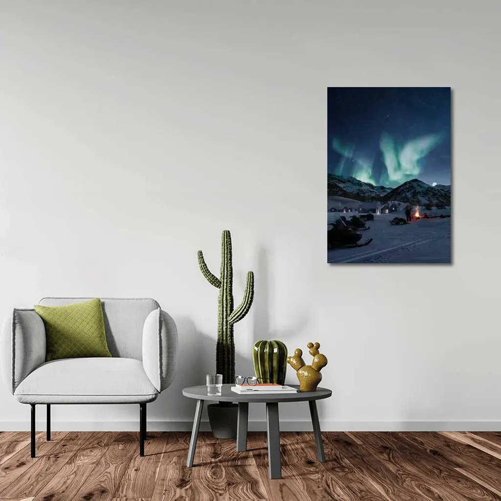Northern Lights Over Snowy Mountain Village – Wall Art