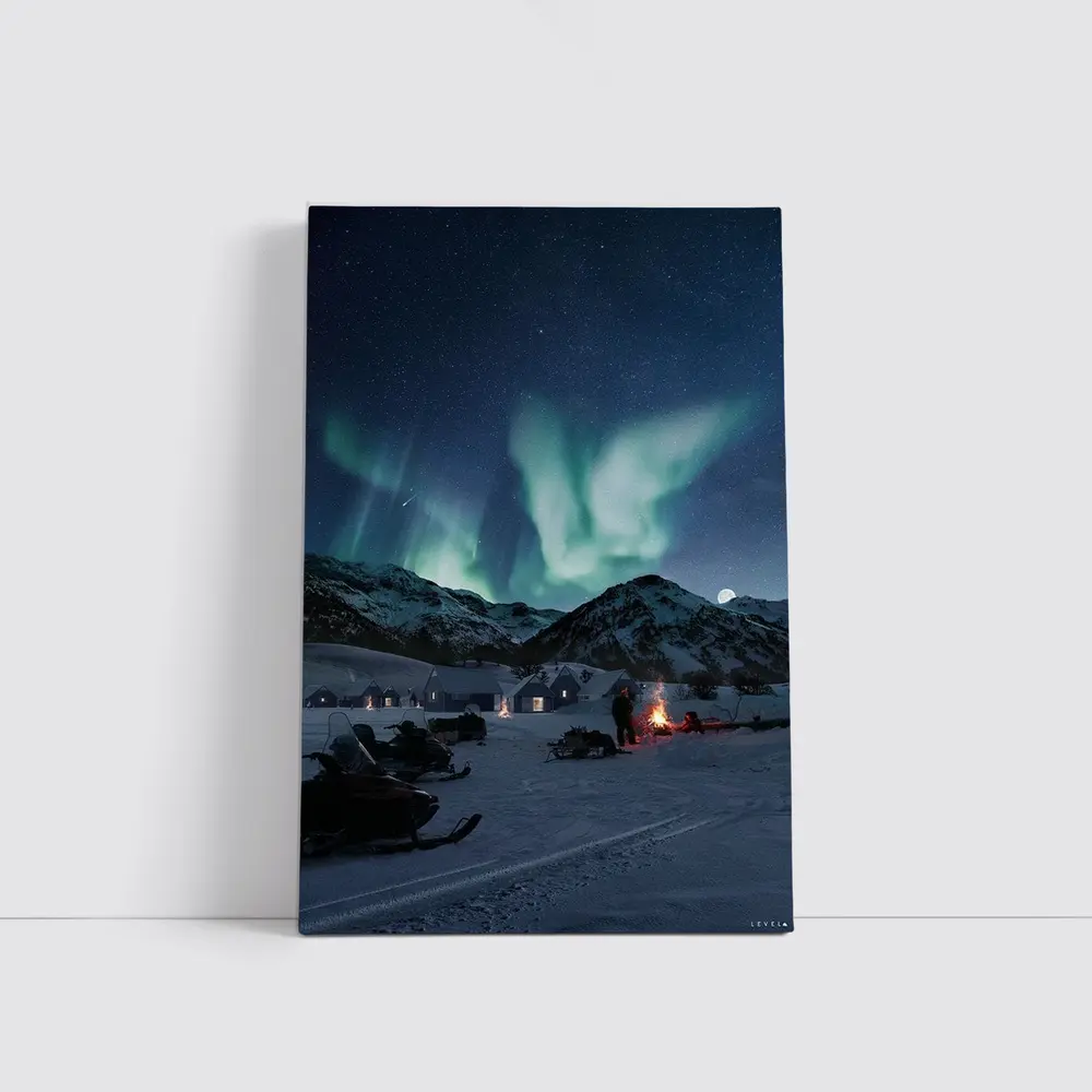 Northern Lights Over Snowy Mountain Village – Wall Art