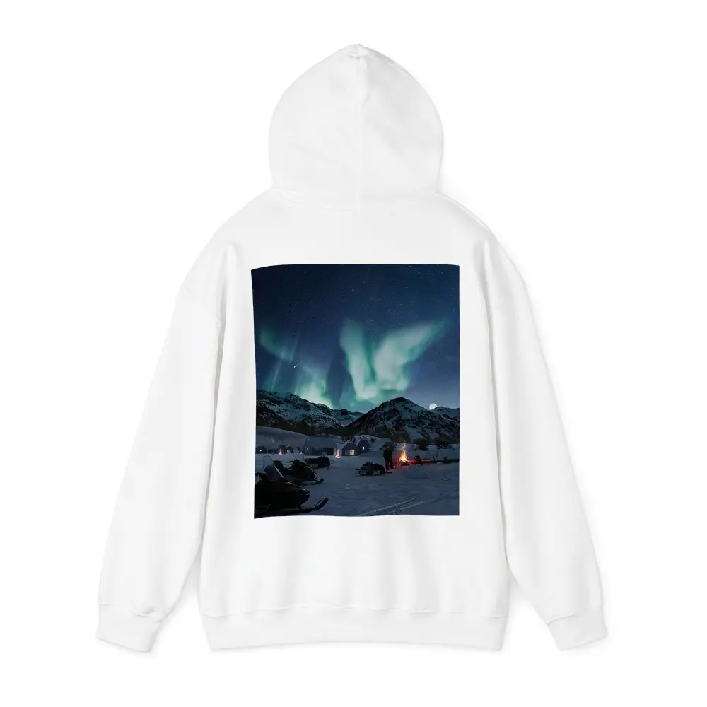 Northern Lights Over Snowy Mountain Village – Hoodies