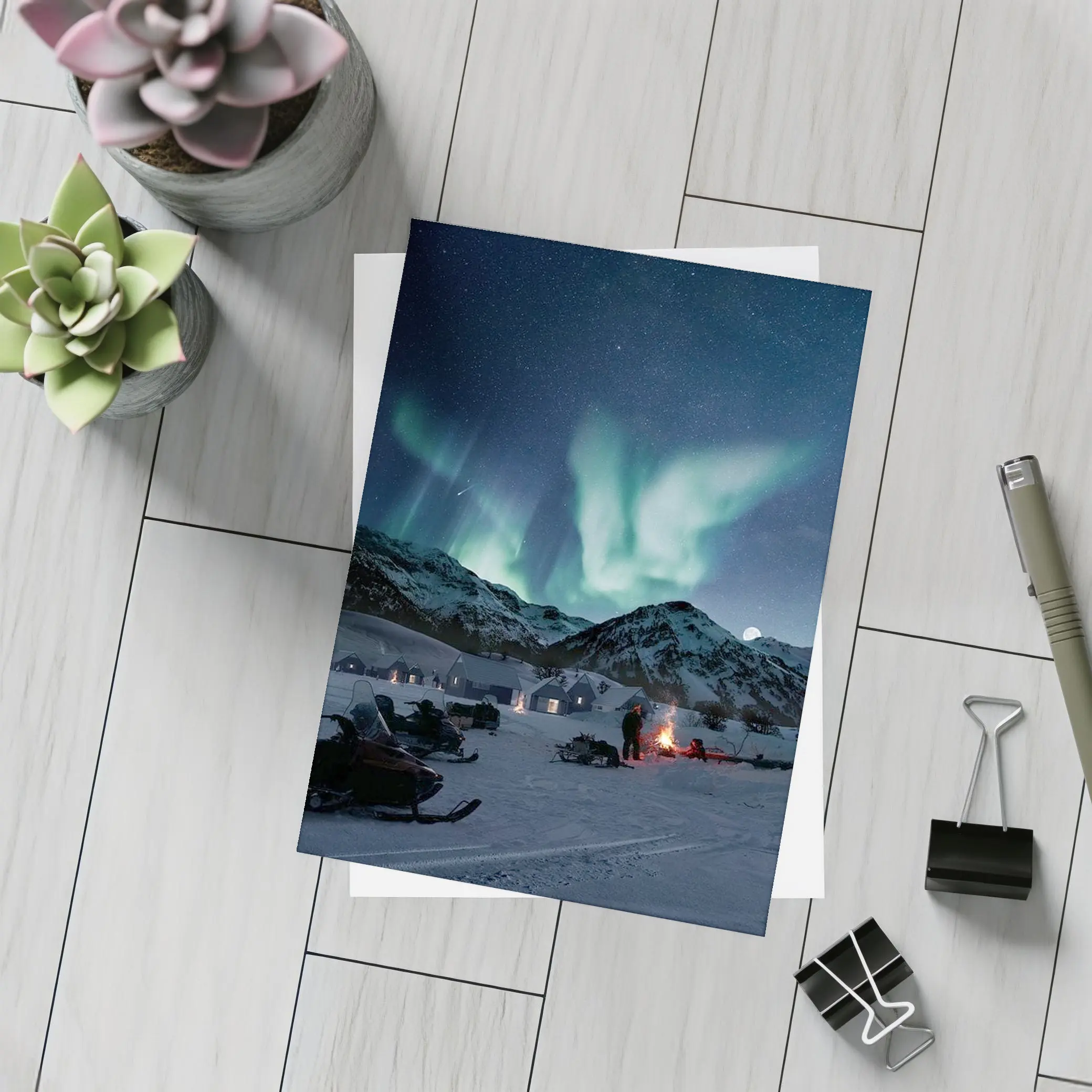Northern Lights Over Snowy Mountain Village – Postcards