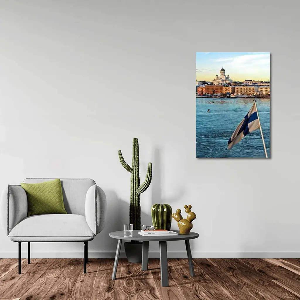 Helsinki Cathedral Finland Flag Harbor View – Wall Art