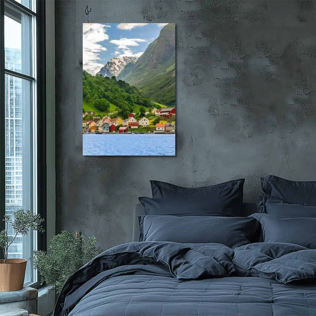 Norwegian Fjord Village Green Mountain Landscape – Wall Art