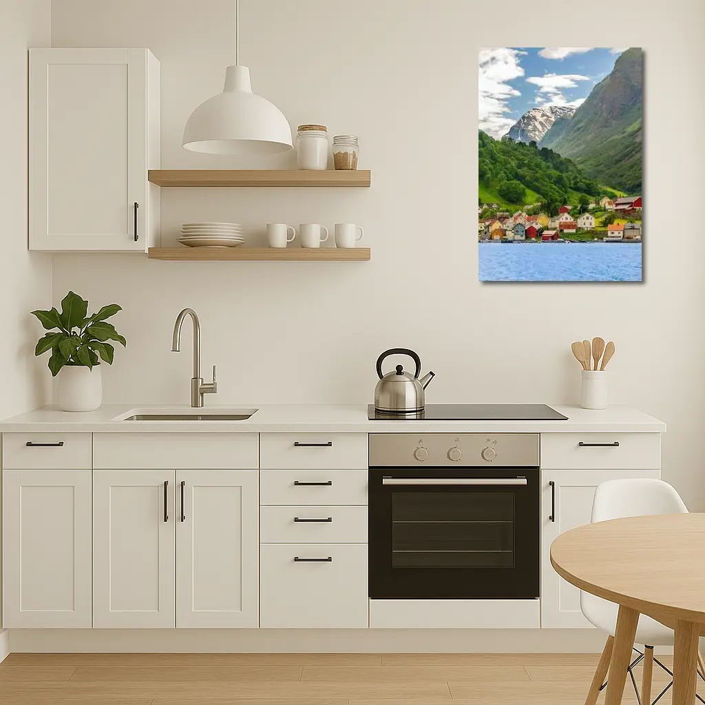 Norwegian Fjord Village Green Mountain Landscape – Wall Art