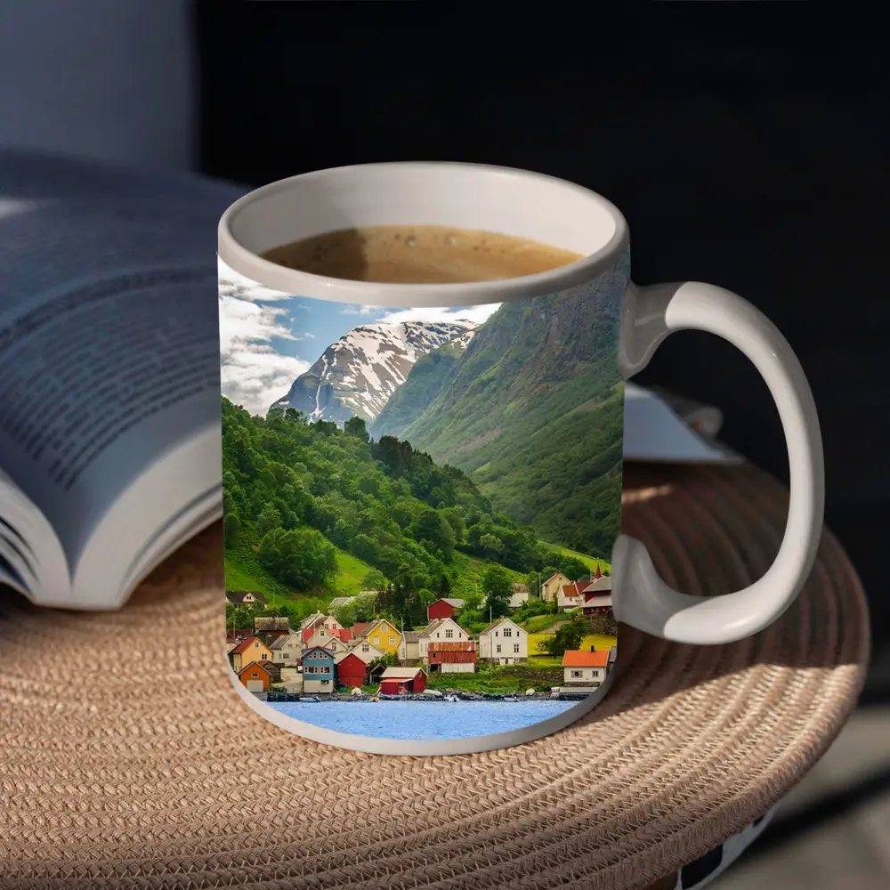 Norwegian Fjord Village Green Mountain Landscape – Mugs