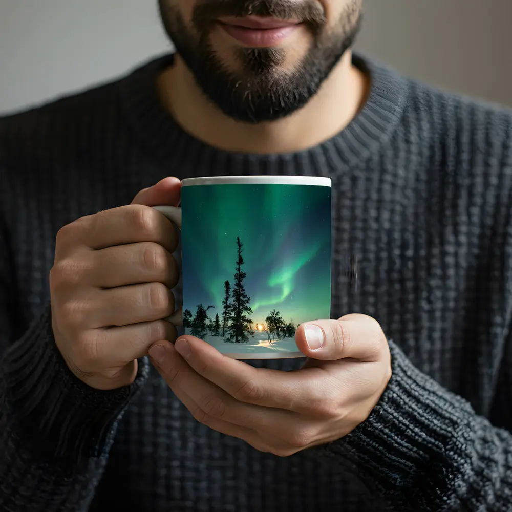 Northern Lights Green Aurora Boreal Winter Forest – Mugs