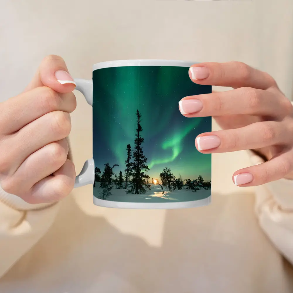 Northern Lights Green Aurora Boreal Winter Forest – Mugs