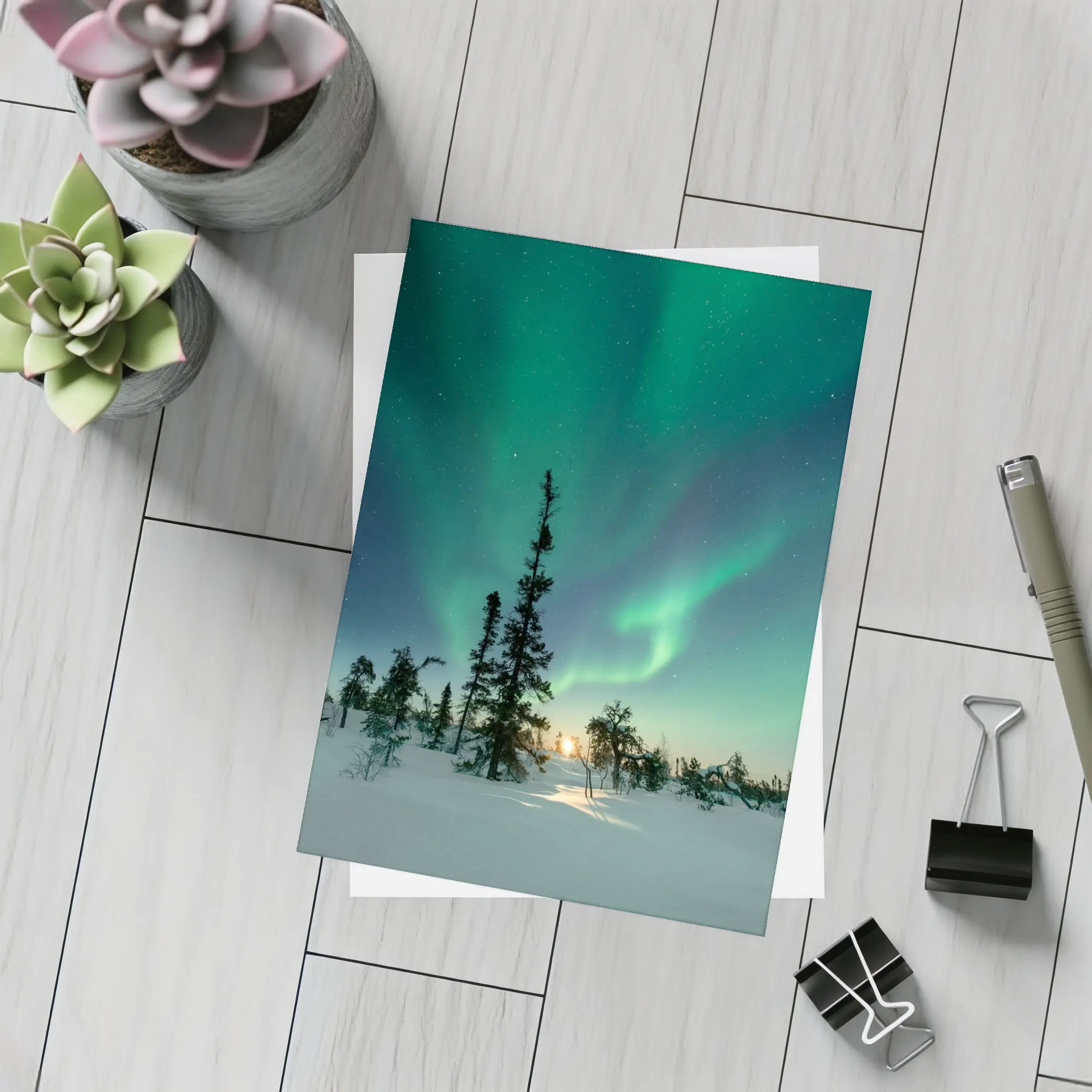 Northern Lights Green Aurora Boreal Winter Forest – Postcards