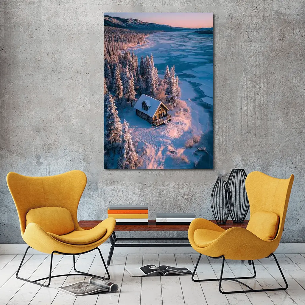 Lone Cabin Snow Covered Frozen Lake Winter – Wall Art