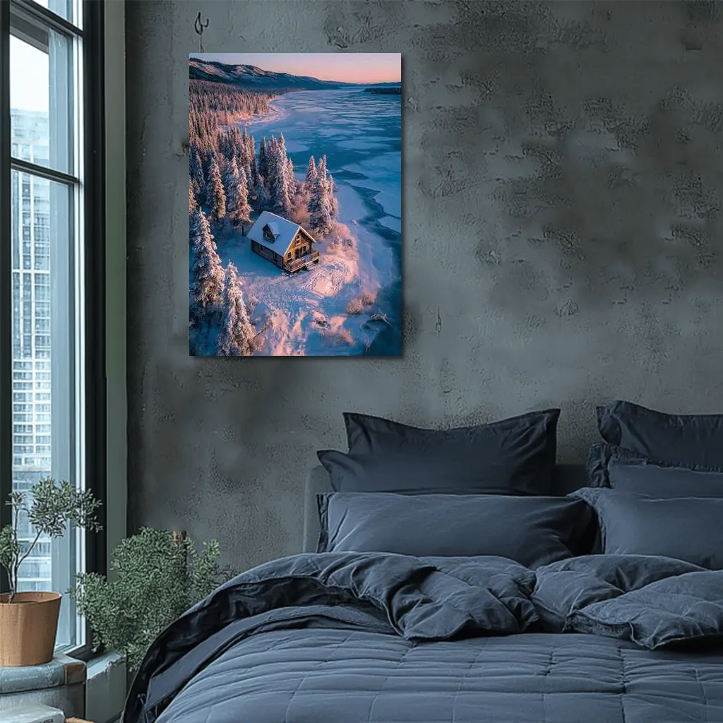 Lone Cabin Snow Covered Frozen Lake Winter – Wall Art