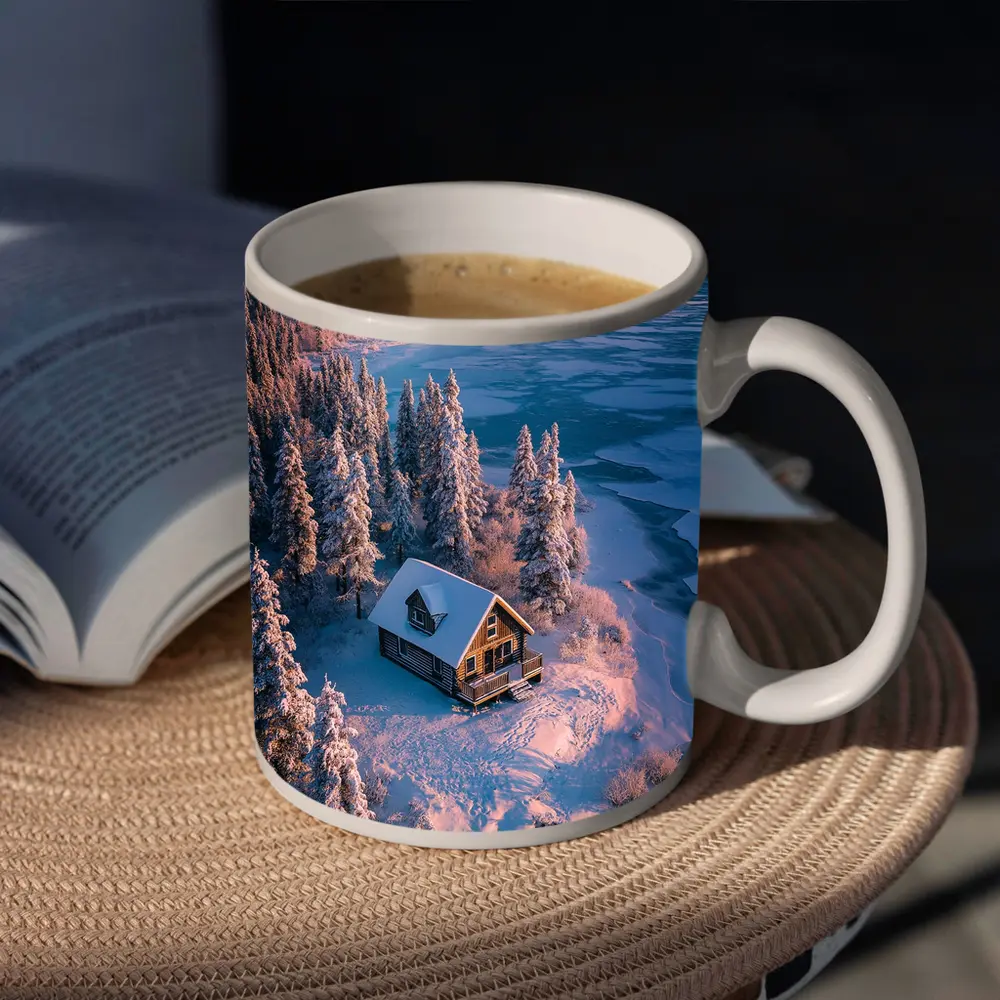 Lone Cabin Snow Covered Frozen Lake Winter – Mugs