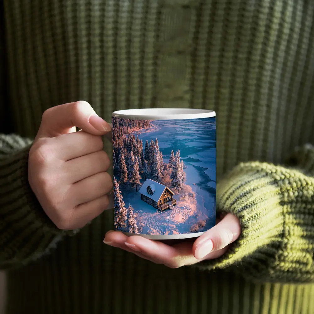 Lone Cabin Snow Covered Frozen Lake Winter – Mugs