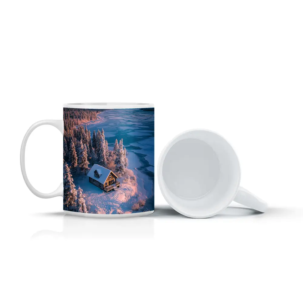Lone Cabin Snow Covered Frozen Lake Winter – Mugs