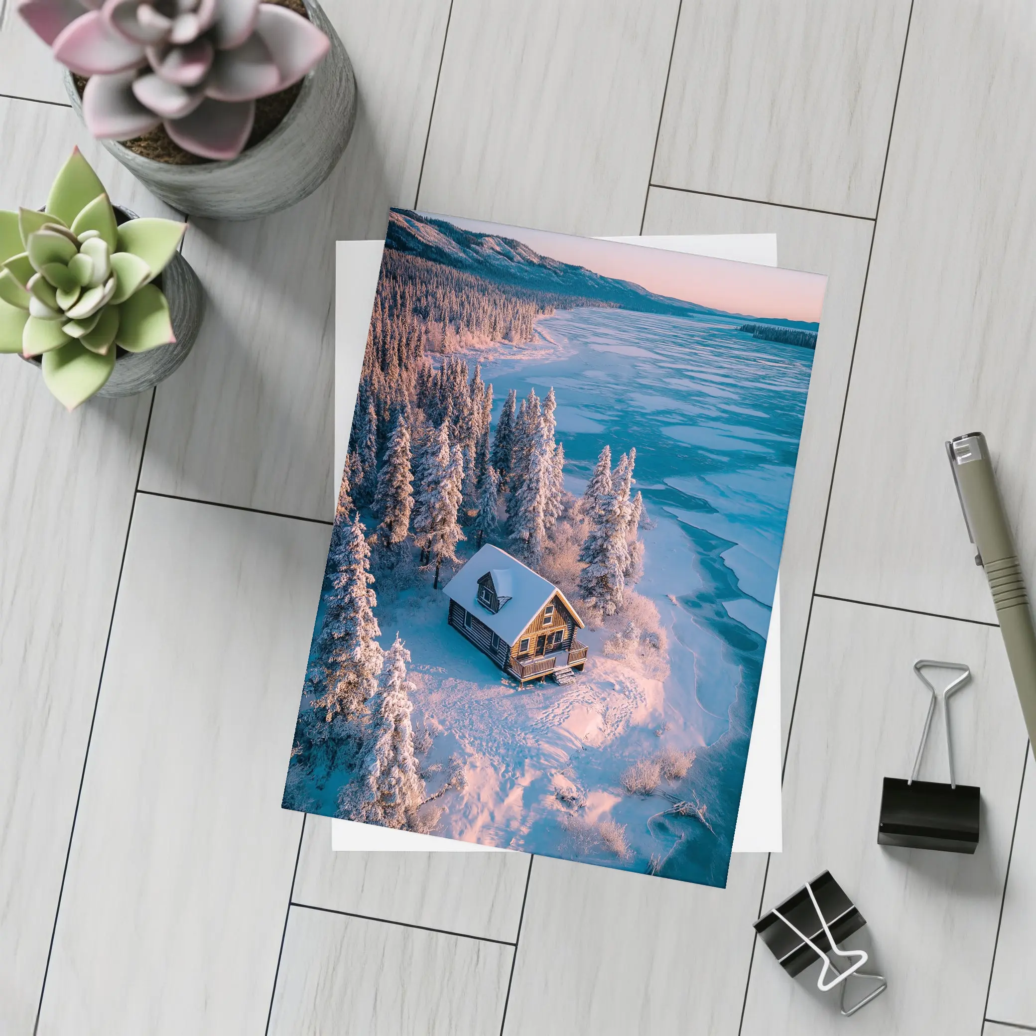 Lone Cabin Snow Covered Frozen Lake Winter – Postcards