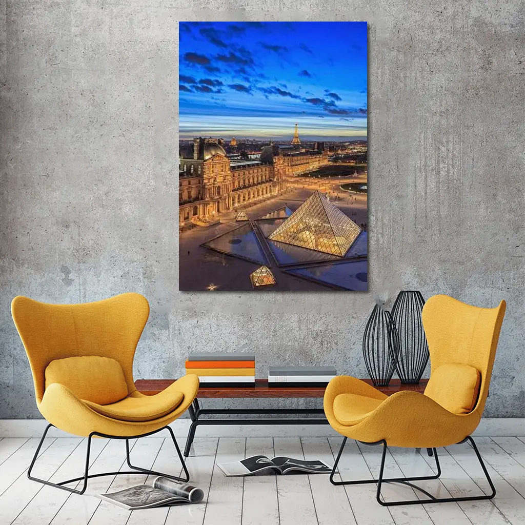 Louvre Museum Paris Eiffel Tower Dusk – Wall Art