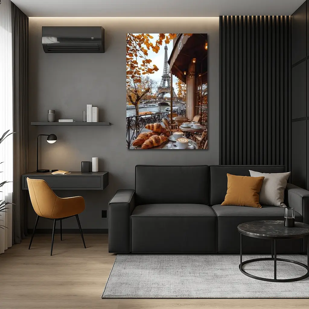 Paris Cafe Croissants Eiffel Tower Autumn View – Wall Art