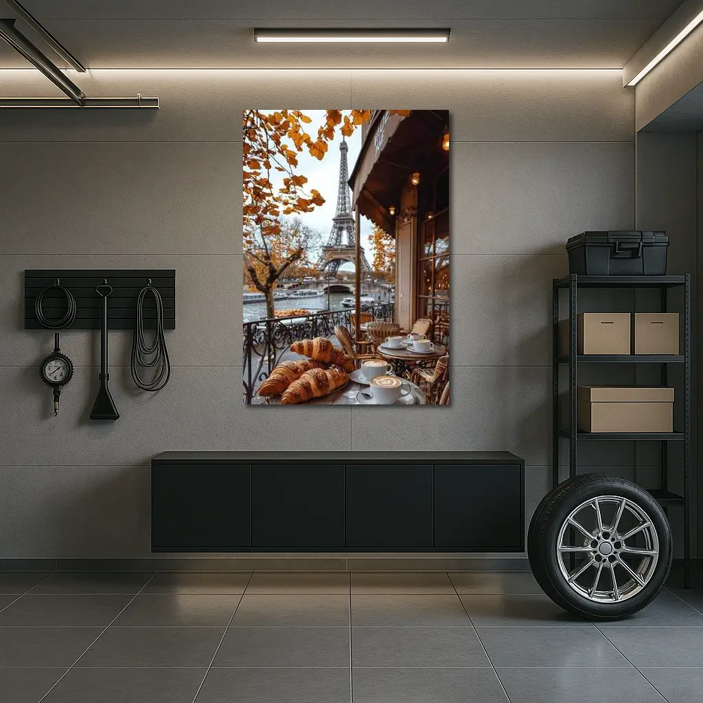 Paris Cafe Croissants Eiffel Tower Autumn View – Wall Art