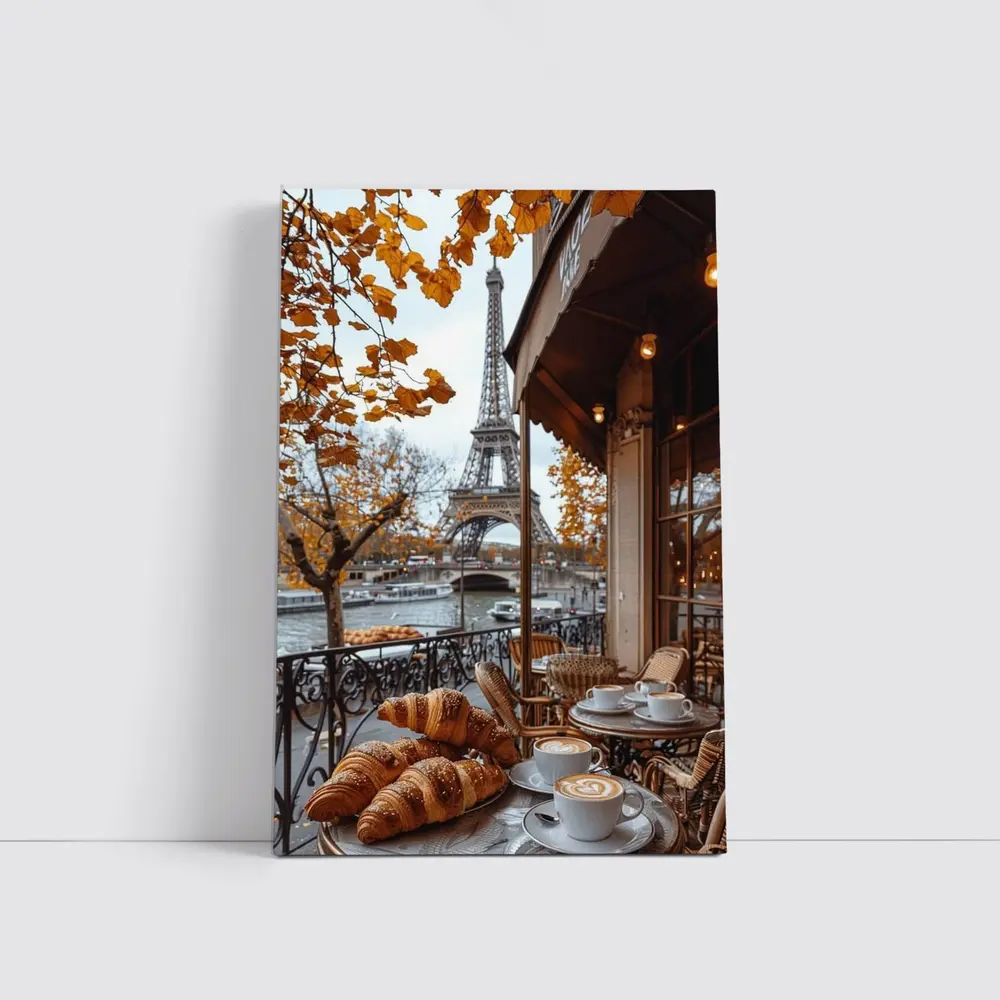 Paris Cafe Croissants Eiffel Tower Autumn View – Wall Art