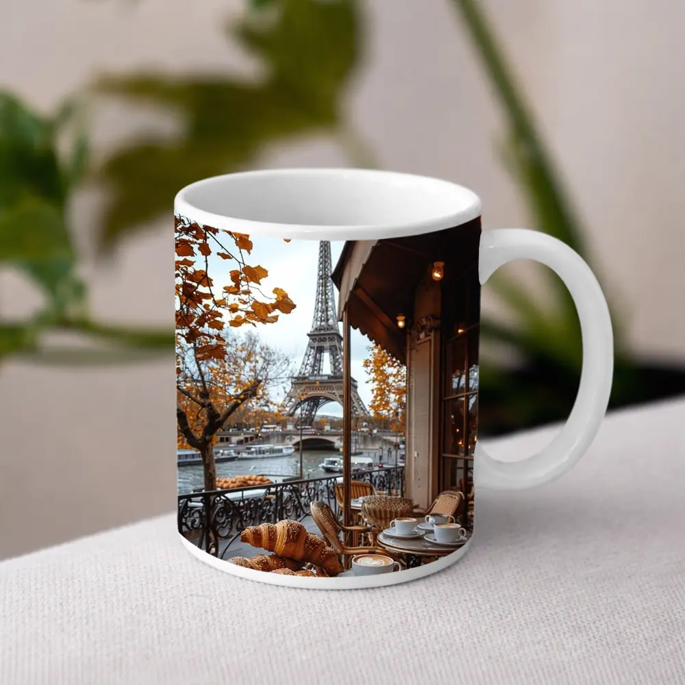Paris Cafe Croissants Eiffel Tower Autumn View – Mugs