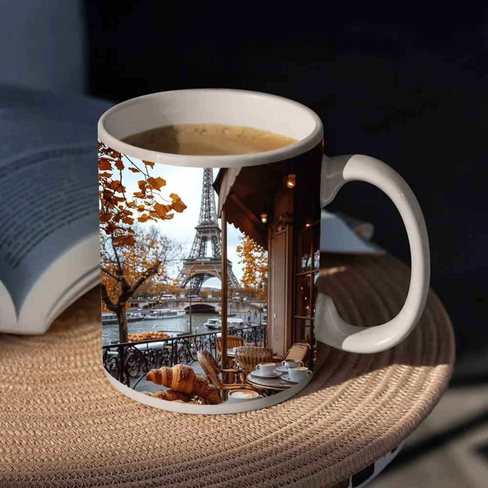Paris Cafe Croissants Eiffel Tower Autumn View – Mugs