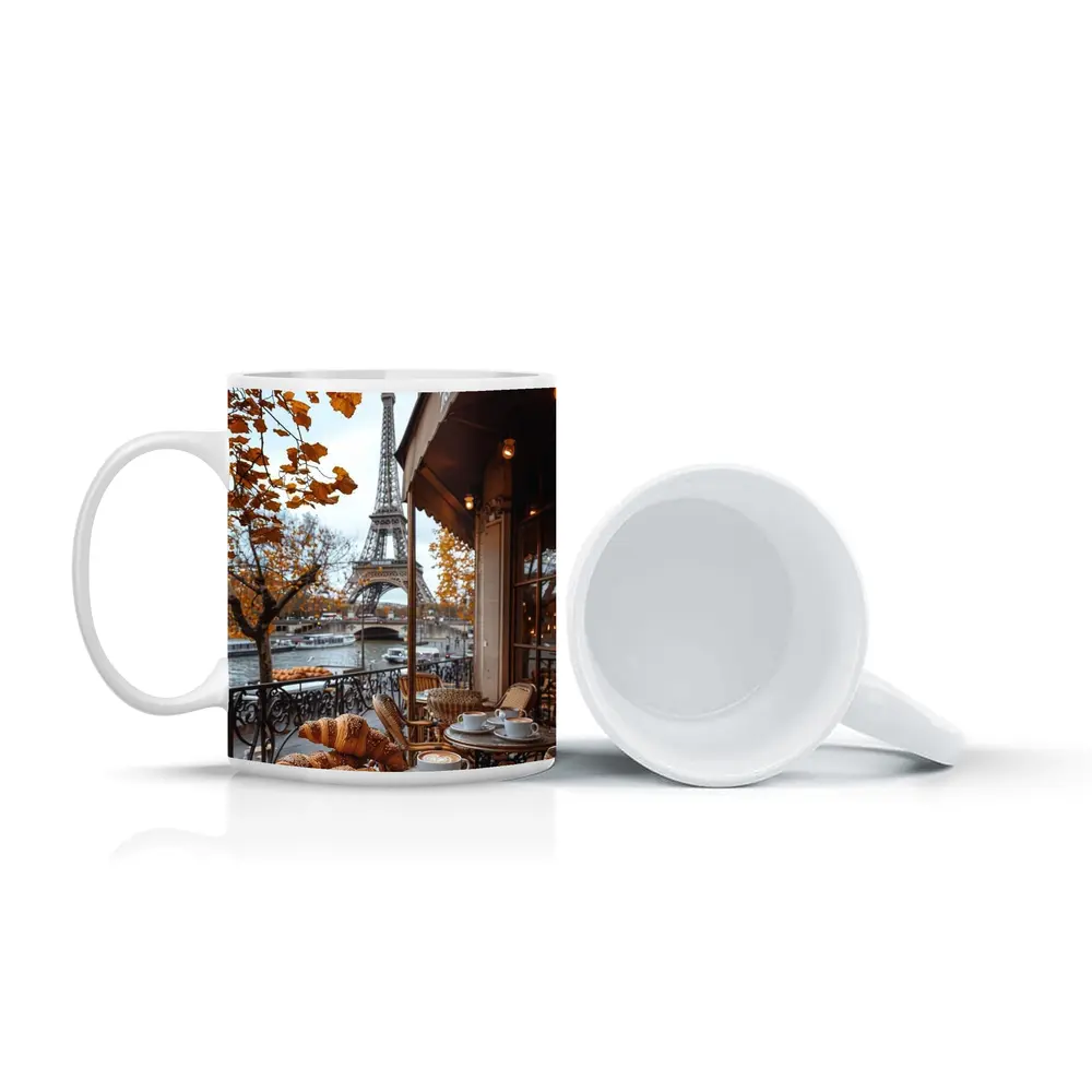 Paris Cafe Croissants Eiffel Tower Autumn View – Mugs