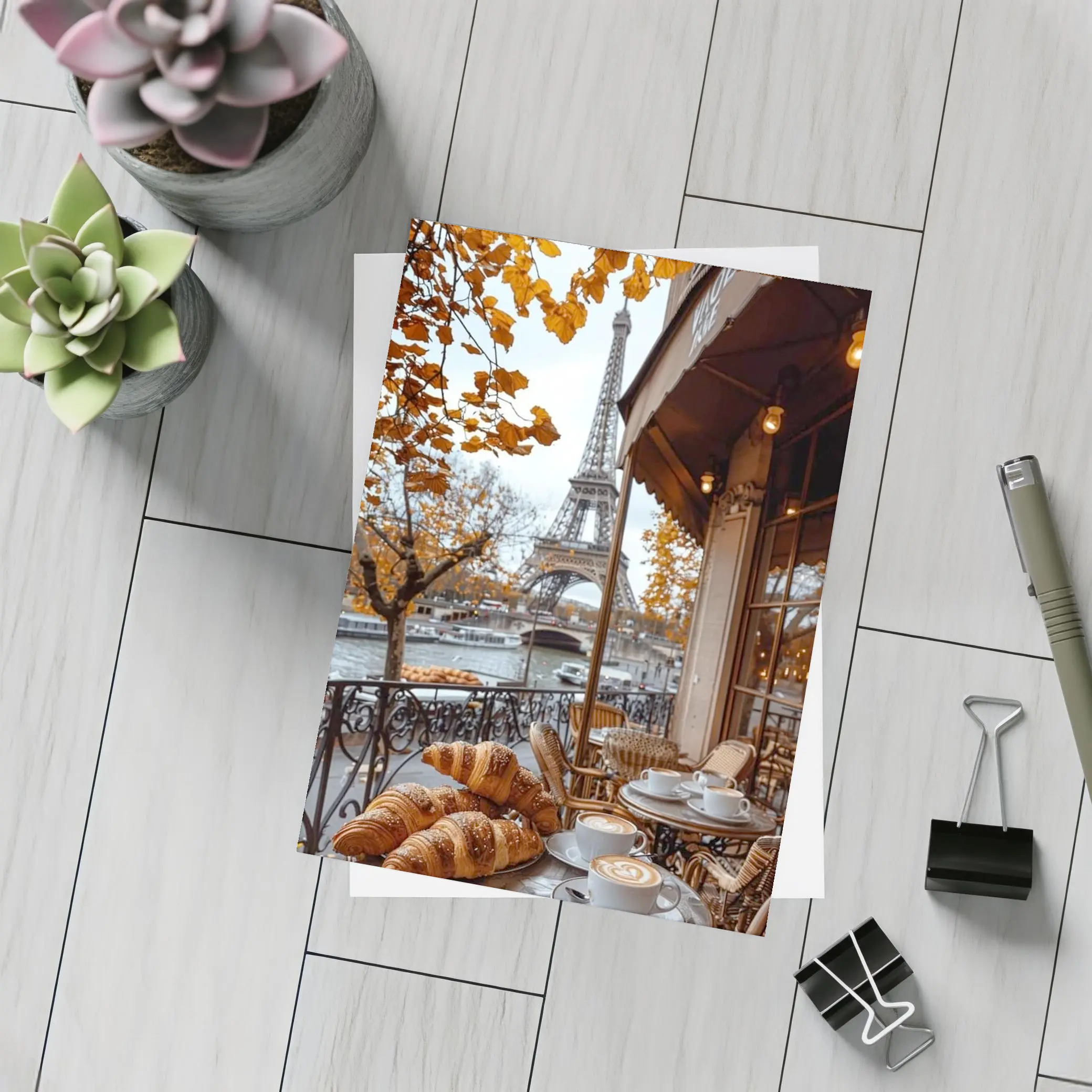 Paris Cafe Croissants Eiffel Tower Autumn View – Postcards