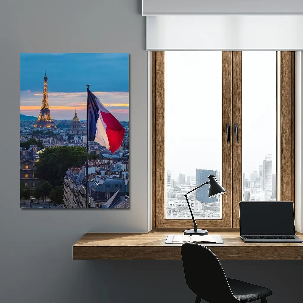 Eiffel Tower Paris Skyline French Flag Sunset – Wall Art