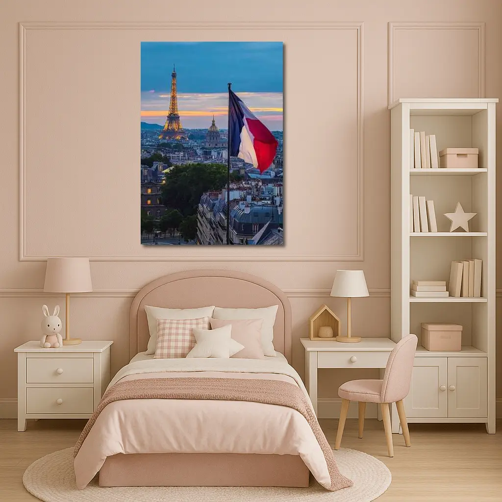 Eiffel Tower Paris Skyline French Flag Sunset – Wall Art