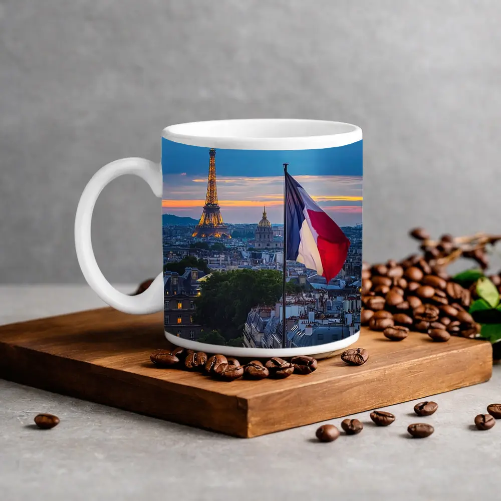 Eiffel Tower Paris Skyline French Flag Sunset – Mugs