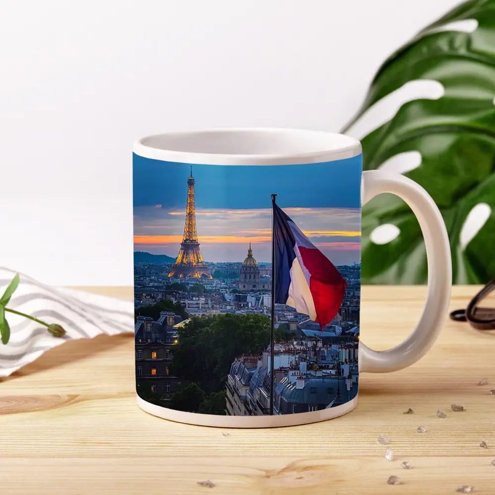 Eiffel Tower Paris Skyline French Flag Sunset – Mugs