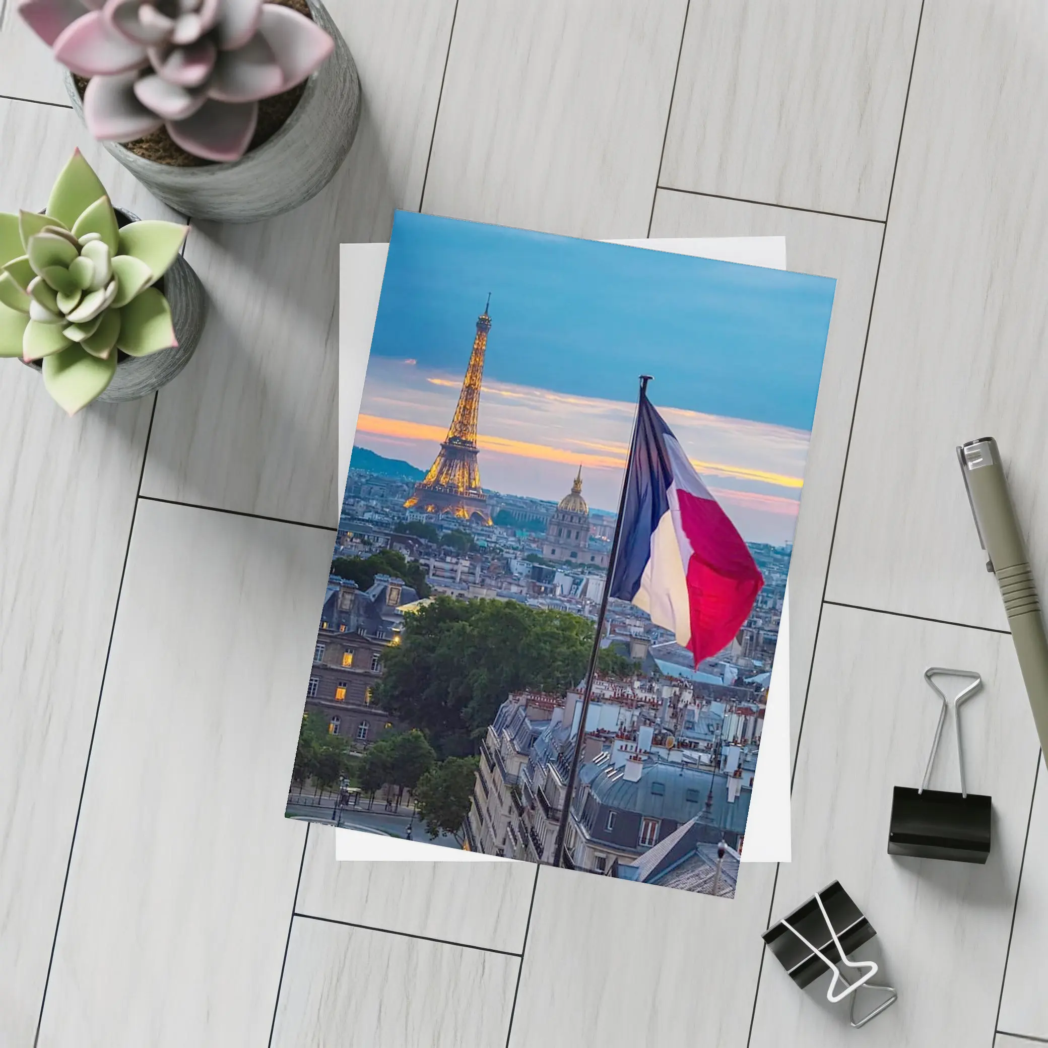 Eiffel Tower Paris Skyline French Flag Sunset – Postcards
