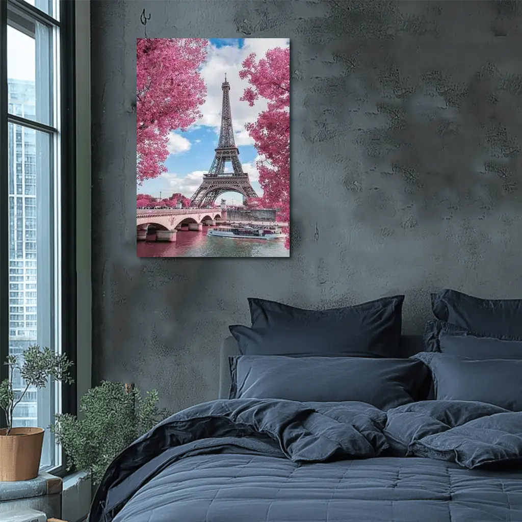 Eiffel Tower Paris Pink Blossoms River View – Wall Art