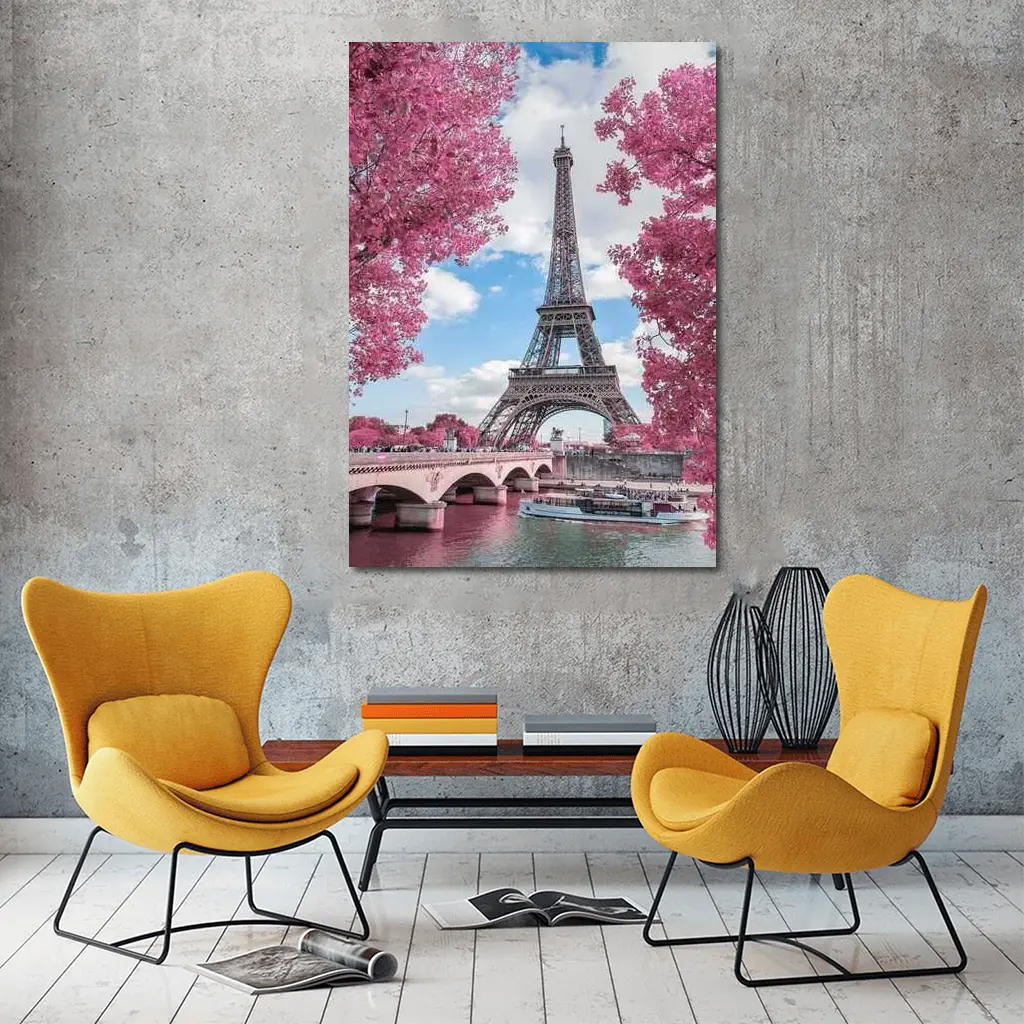 Eiffel Tower Paris Pink Blossoms River View – Wall Art