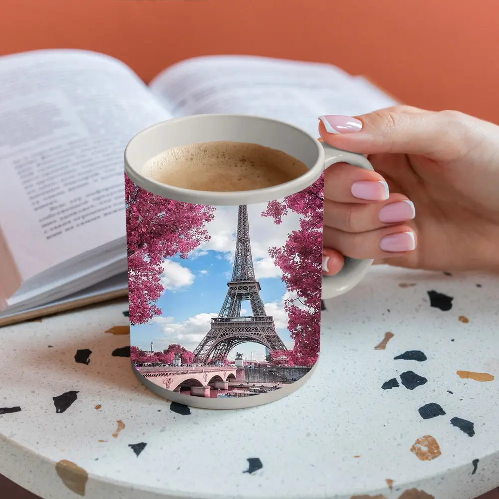 Eiffel Tower Paris Pink Blossoms River View – Mugs