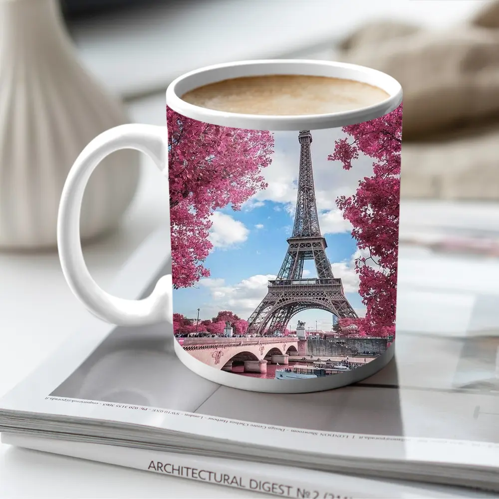 Eiffel Tower Paris Pink Blossoms River View – Mugs