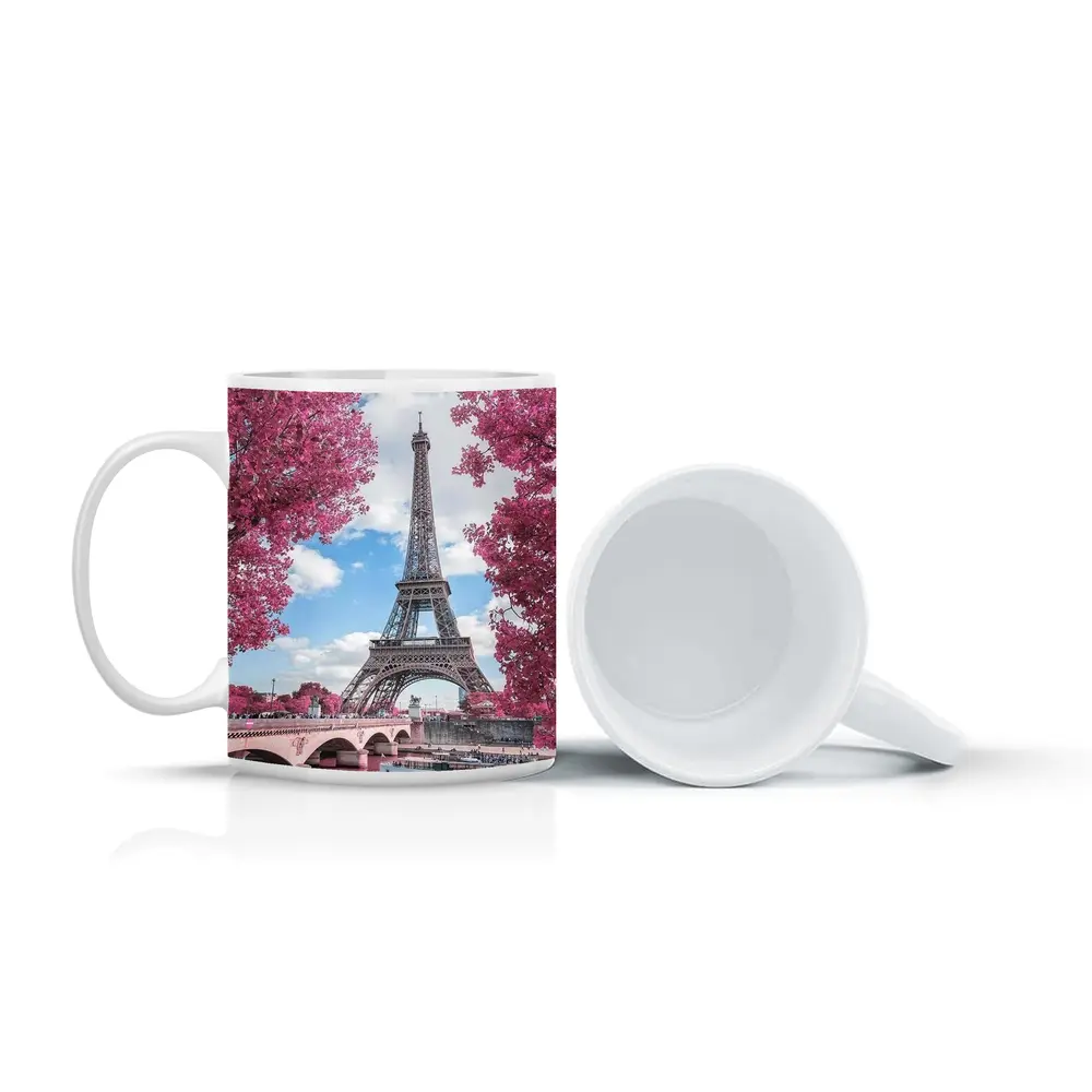 Eiffel Tower Paris Pink Blossoms River View – Mugs