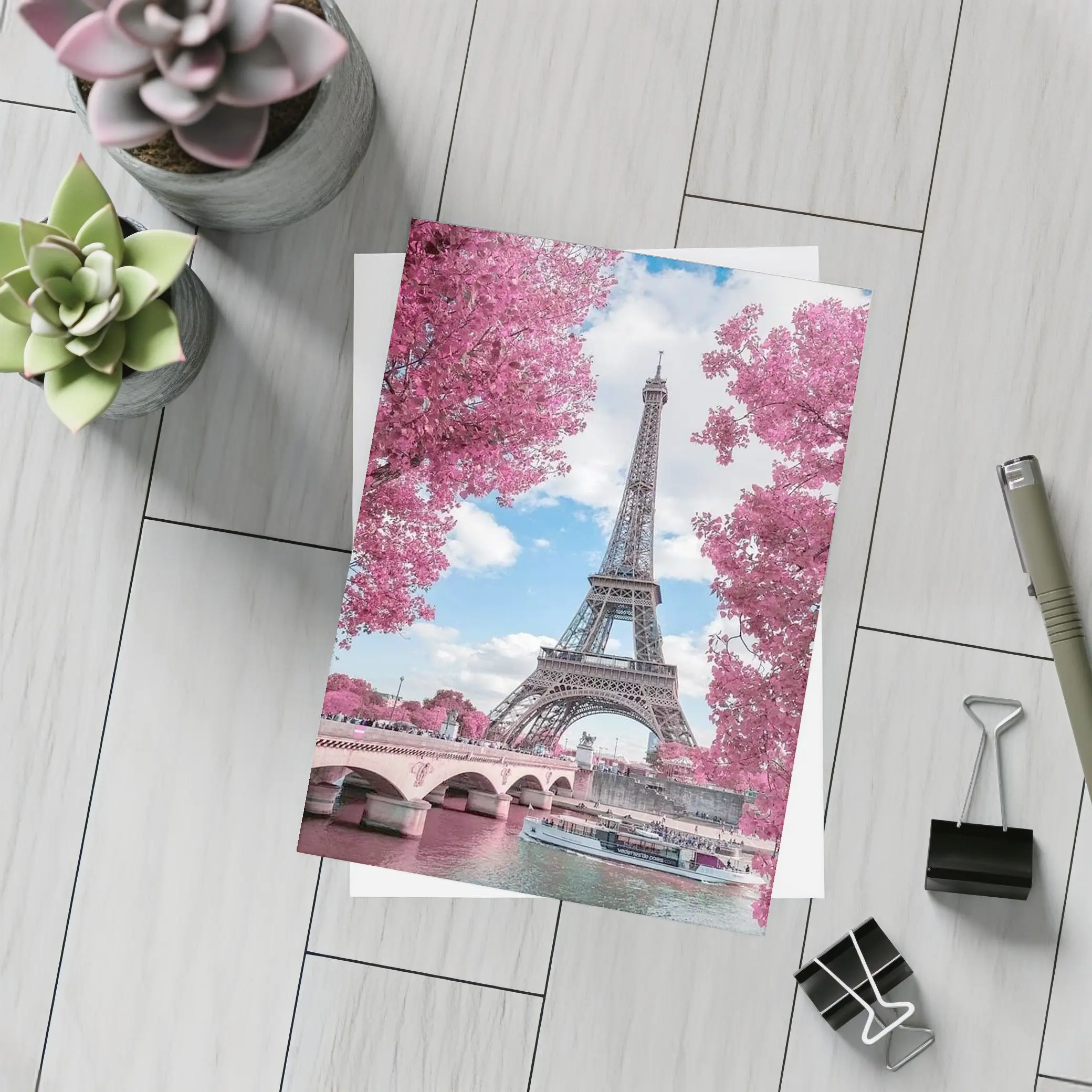 Eiffel Tower Paris Pink Blossoms River View – Postcards