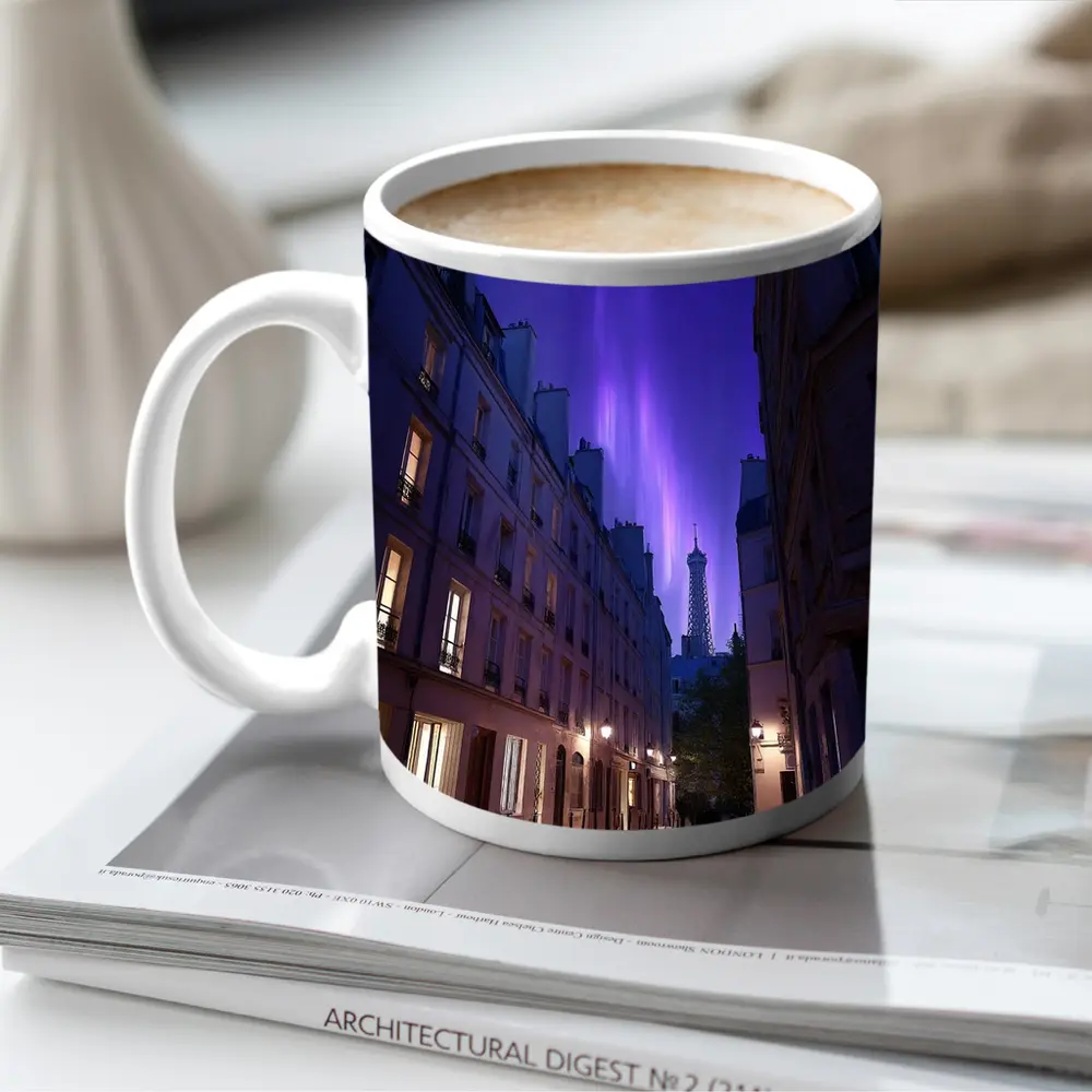 Eiffel Tower Paris Purple Night Sky Street – Mugs