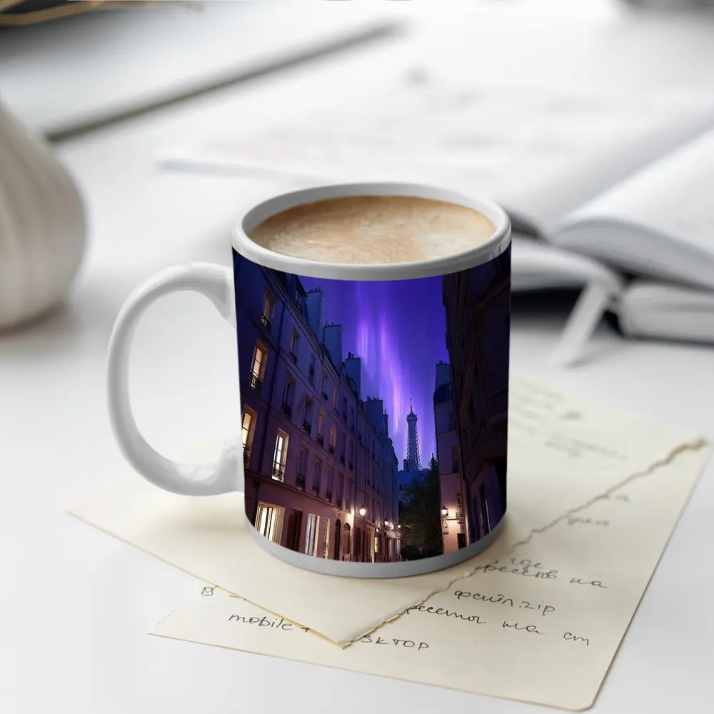 Eiffel Tower Paris Purple Night Sky Street – Mugs