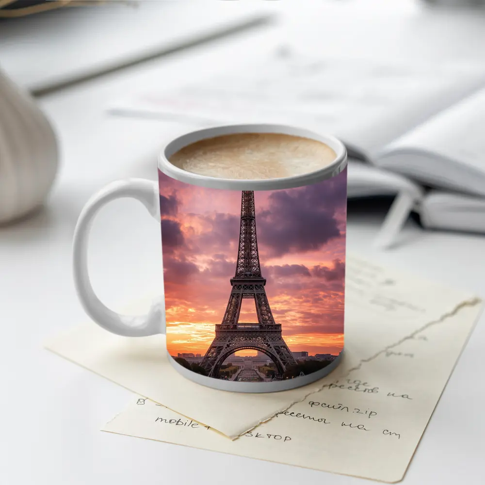Eiffel Tower Paris Sunset Purple Sky – Mugs