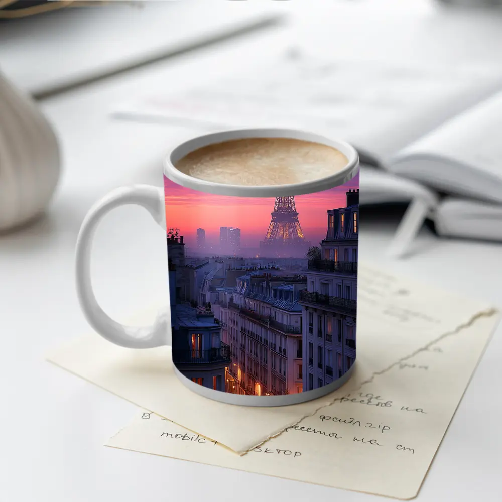 Eiffel Tower Paris Purple Sunset Cityscape – Mugs