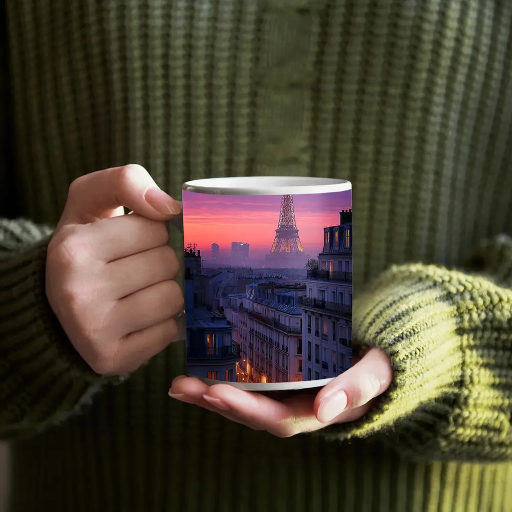 Eiffel Tower Paris Purple Sunset Cityscape – Mugs