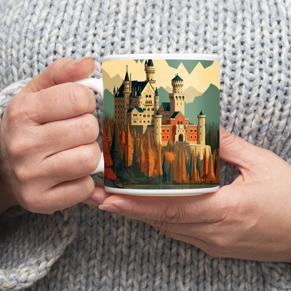 Neuschwanstein Castle Autumn Mountains Flat Art – Mugs