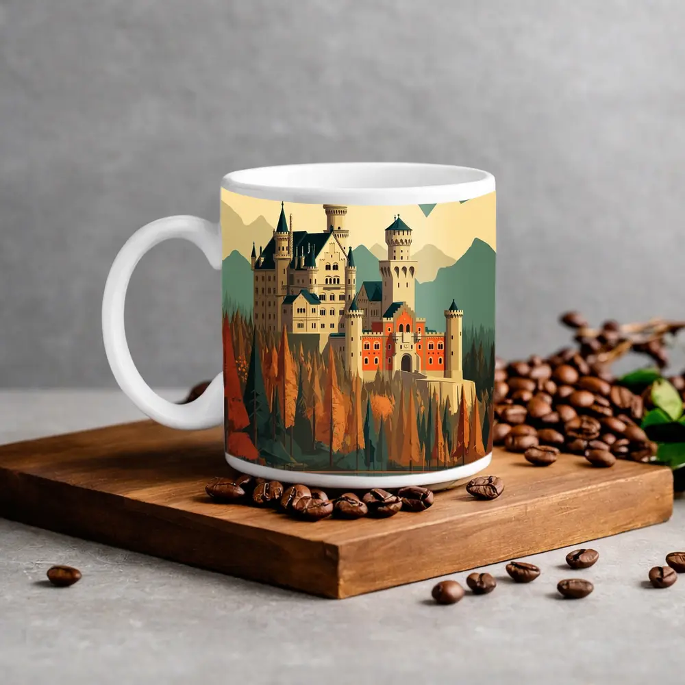Neuschwanstein Castle Autumn Mountains Flat Art – Mugs