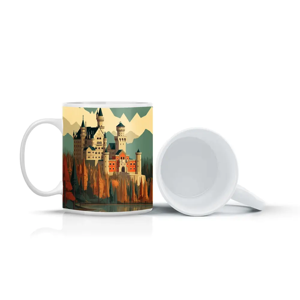 Neuschwanstein Castle Autumn Mountains Flat Art – Mugs